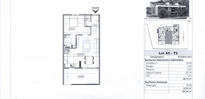 A vendre un appartement T2 de 64.24 m2 offrant vue mer et vue montagne à Saint Gilles Les Bains
