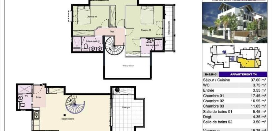 A vendre un appartement T4 en duplex de 104.25 m2 situé dans une résidence neuve au coeur de Saint Leu