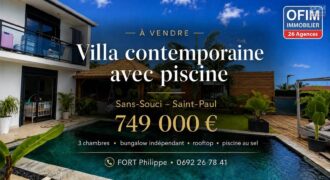 À vendre une villa contemporaine de 190 m2 avec piscine rooftop et bungalow indépendant située sur les hauteurs de Saint-Paul Réunion