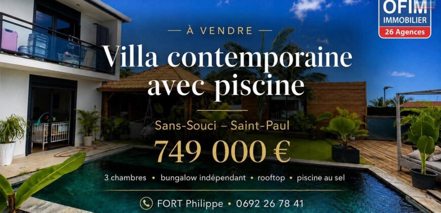 À vendre une villa contemporaine de 190 m2 avec piscine rooftop et bungalow indépendant située sur les hauteurs de Saint-Paul Réunion