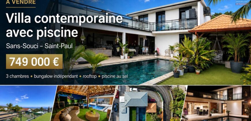 À vendre une villa contemporaine de 190 m2 avec piscine rooftop et bungalow indépendant située sur les hauteurs de Saint-Paul Réunion